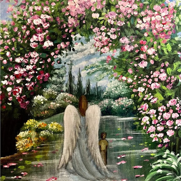 ⚜️ Spiritual  Acrylic Painting “ Angel And A Child In Divine Rose Garden” - Picture 6 of 6